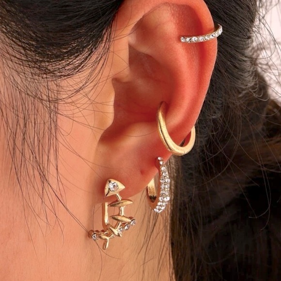 Cute FishBone Stackable gold earrings set - Picture 2 of 6